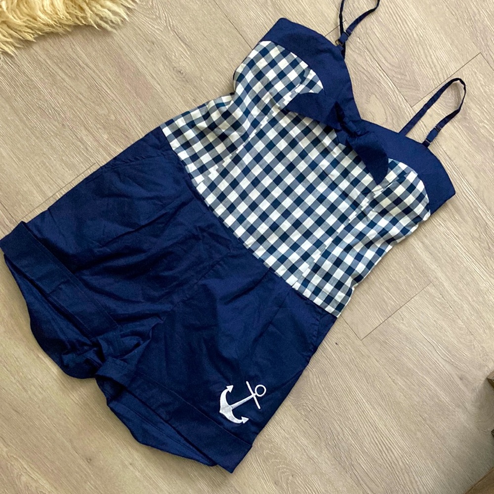 XL Sourpuss Blue Gingham Anchor Romper summer Rockabilly Pinup car show vintage